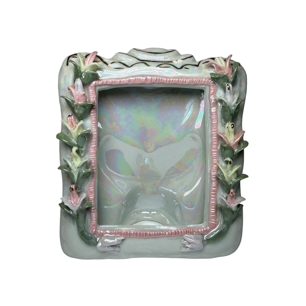 Vtg‎ Iridescent Ceramic Picture Frame 3D Floral Relief Cottagecore Shabby Chic